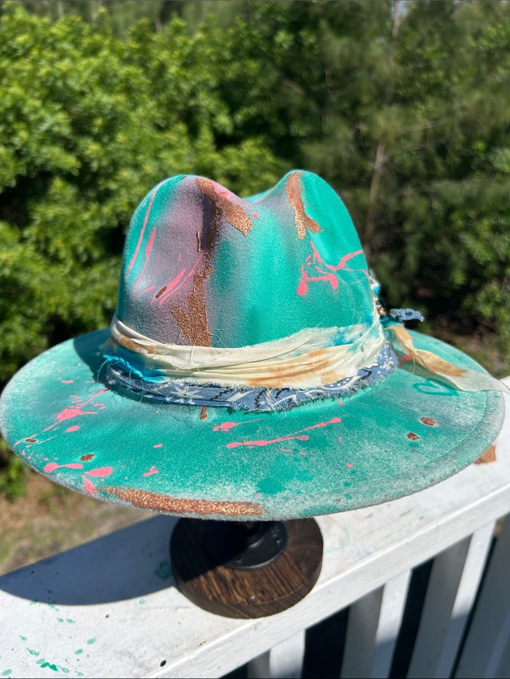 Hand-Painted Teal Wide-Brim Mixed Media Hat with Pink & Gold Accents